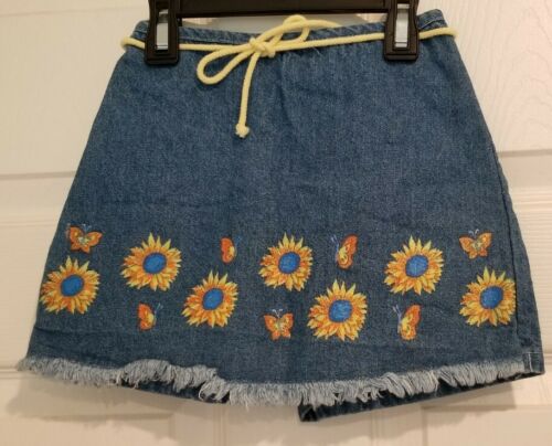 Vintage 1990's Amy Byer Girls Blue Denim Sunflowers & Butterflies Skort Size 4